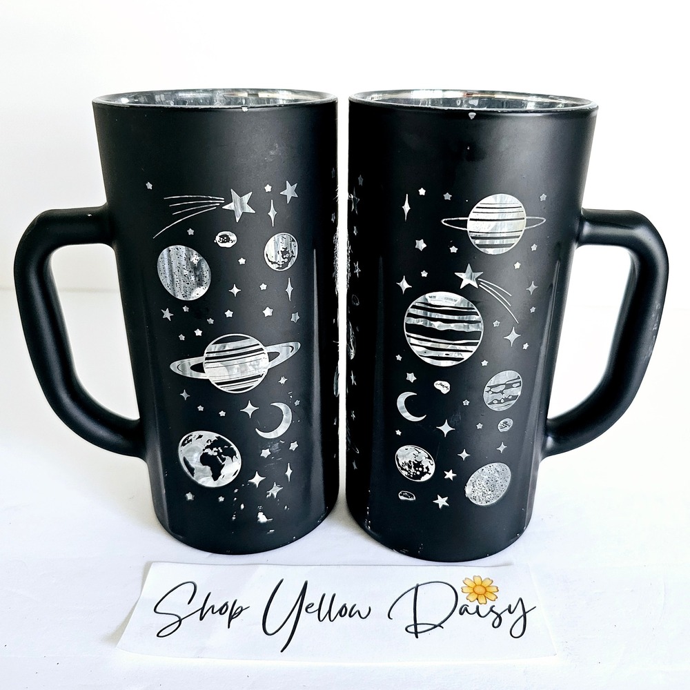 Set of 2 Matte Black Celestial Outer Space Planet Star Mugs Galaxy Core